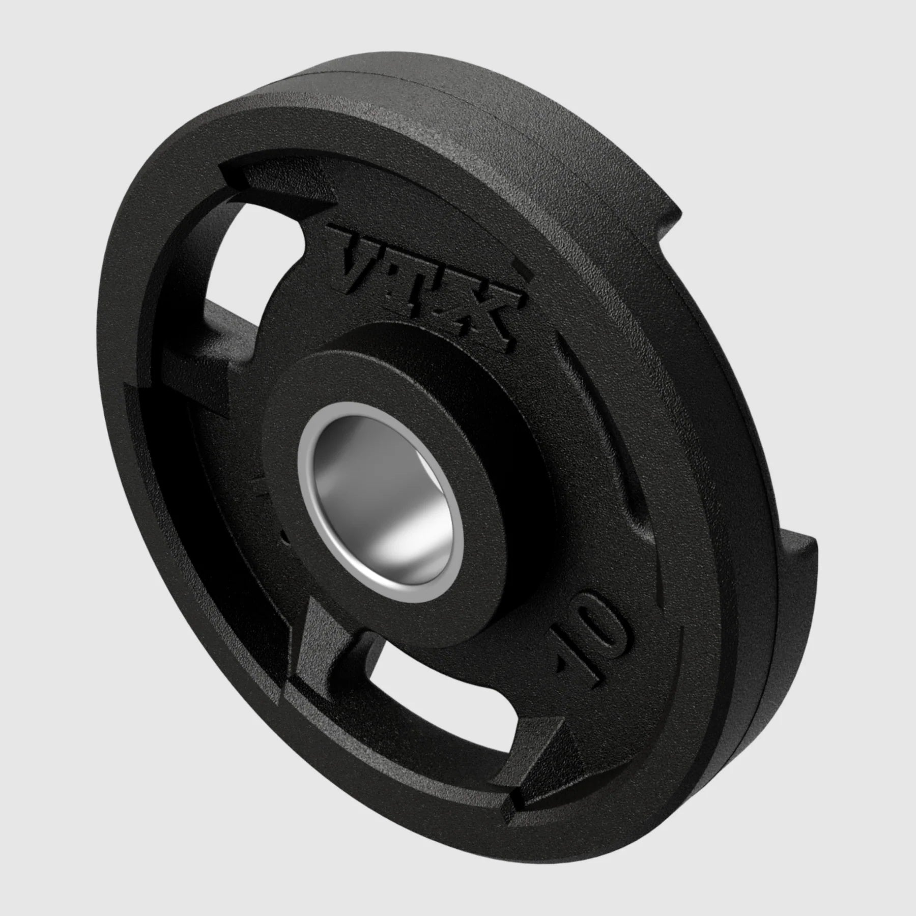 Closeup of 10lb rubber Olympic plate in color black with embossed logo and lb designation