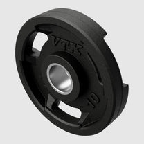 Closeup of 10lb rubber Olympic plate in color black with embossed logo and lb designation