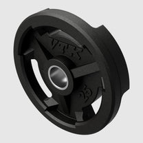 Closeup of 25lb rubber Olympic plate in color black with embossed logo and lb designation