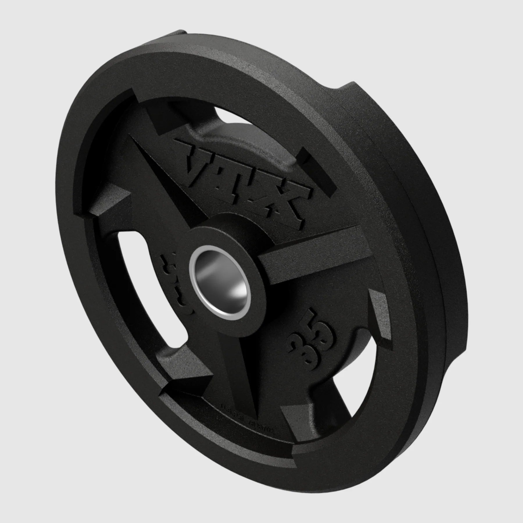 Closeup of 35lb rubber Olympic plate in color black with embossed logo and lb designation