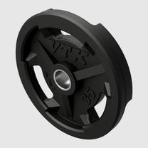 Closeup of 35lb rubber Olympic plate in color black with embossed logo and lb designation