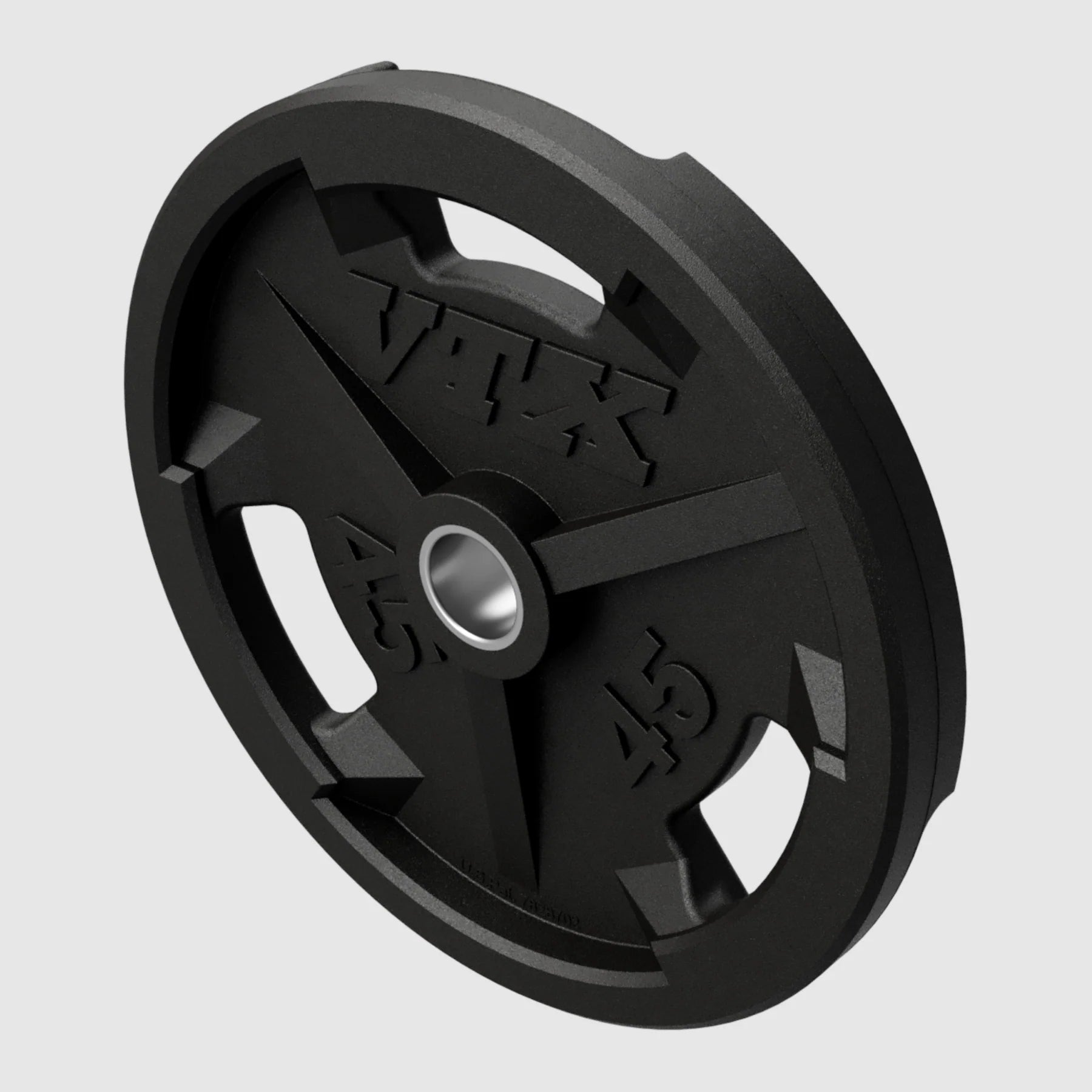 Closeup of 45lb rubber Olympic plate in color black with embossed logo and lb designation