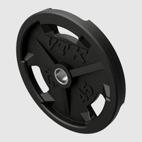 Closeup of 45lb rubber Olympic plate in color black with embossed logo and lb designation