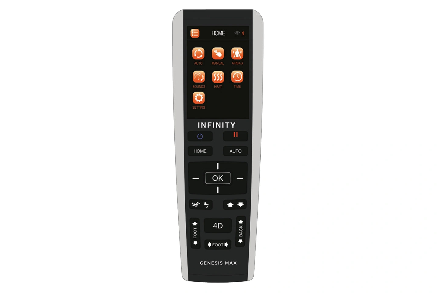 Remote control with 'Infinity' branding on a white background