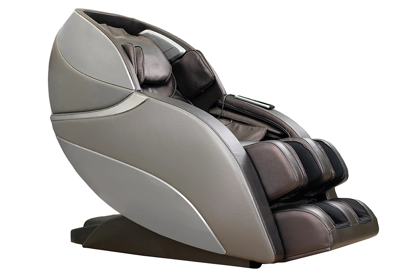 Massage chair with gray and brown design on a white background angle view