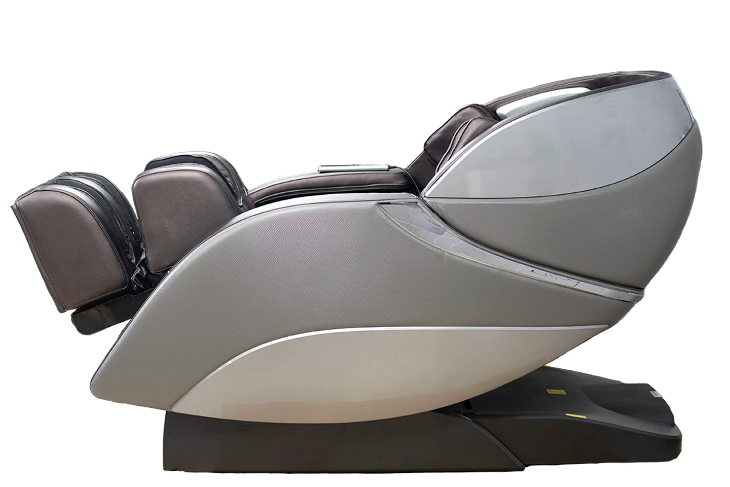 Gray and brown  massage chair on a white background fully reclined