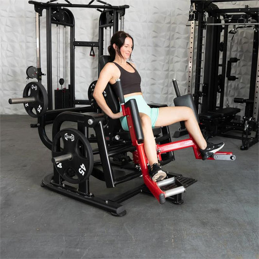 Plate load inneer and outer thigh machine|In use|Seat adjustment|Side View