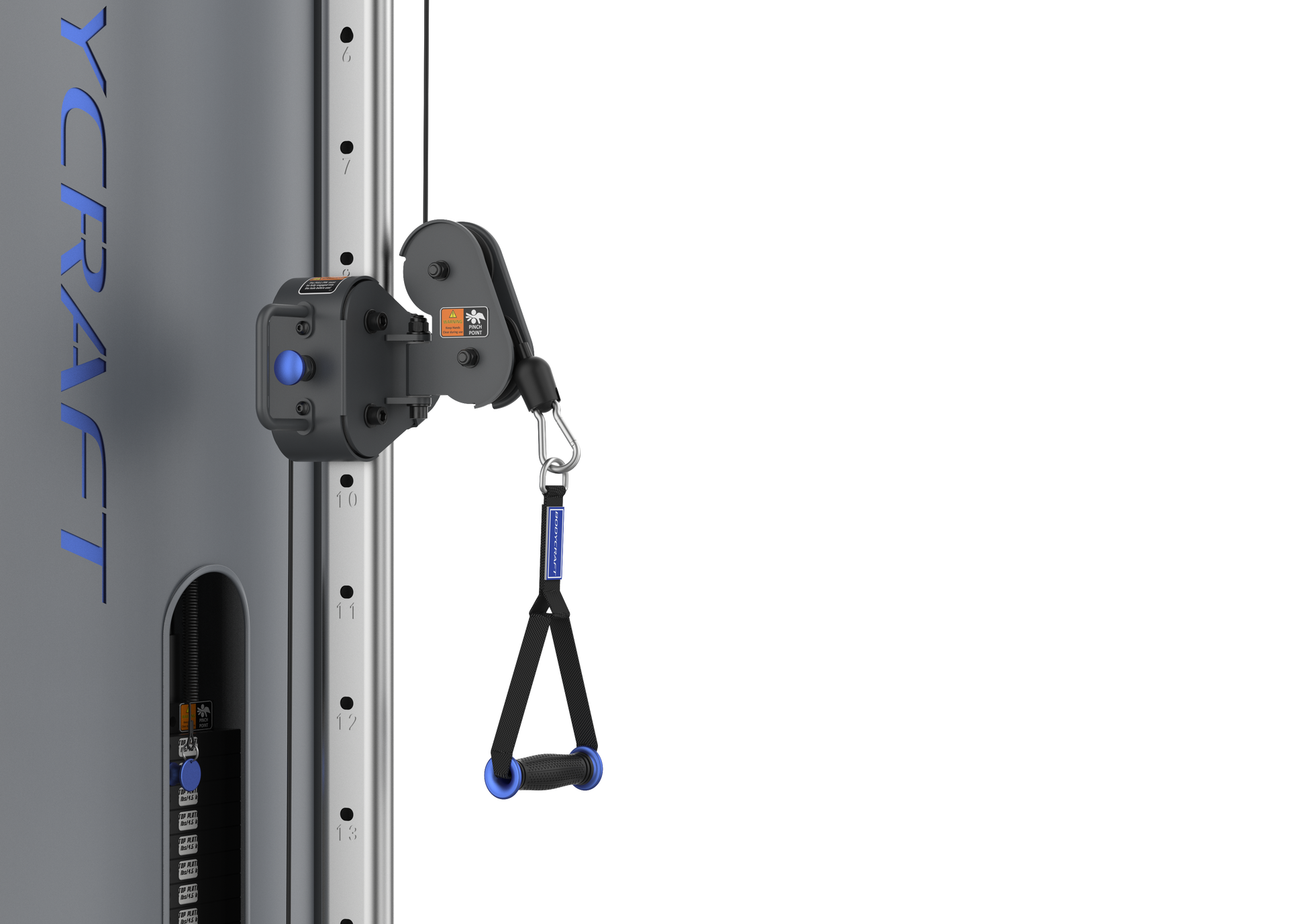 close up view of cable handle on the vertical upright that shows nuimbered height references