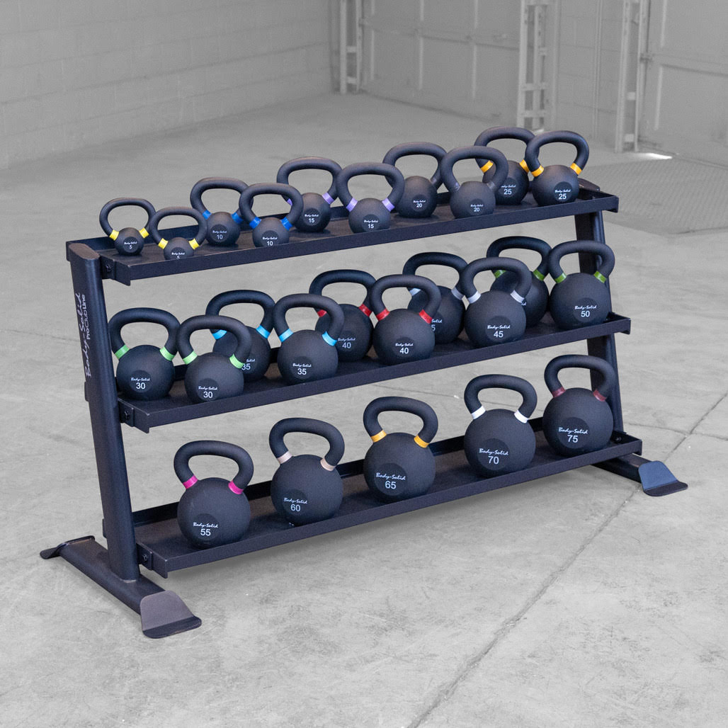 Group of kettlebells on optional storage rack