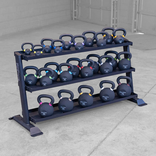 Group of kettlebells on optional storage rack