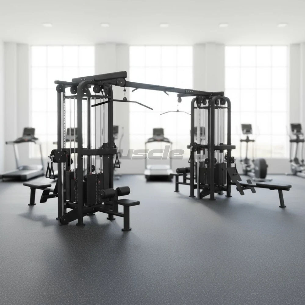 Jungle gym shown on the floor of a fitness facility from the left  front angle