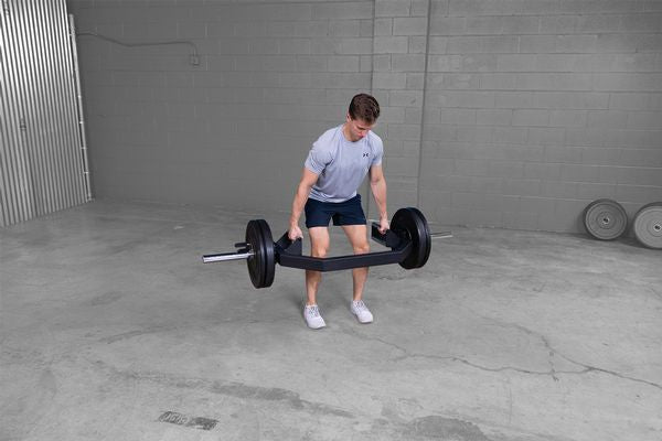 Bar without weights|Bar loaded with weights|Bar in loading position|Bar jack foot|16.25 inch sleeve|Bar in use