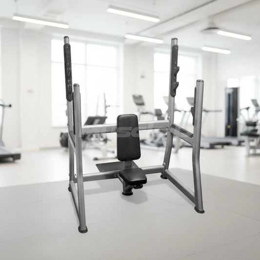 Olympic military shoulder bench shown on gym floor