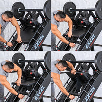 Athlete showing how to change machine to the leg press set up
