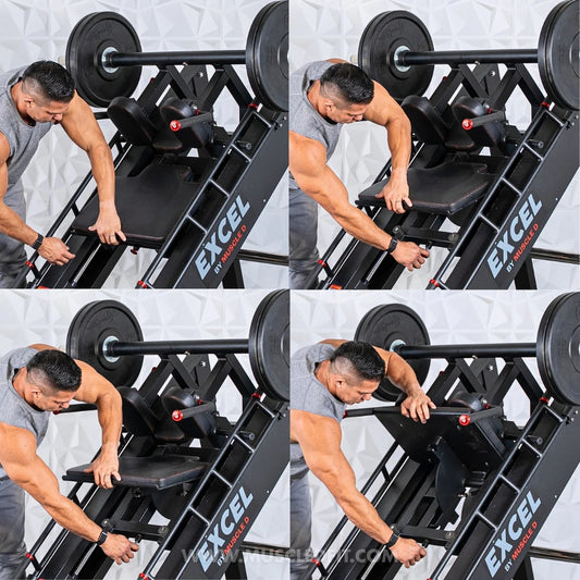 Athlete showing how to change machine to the leg press set up