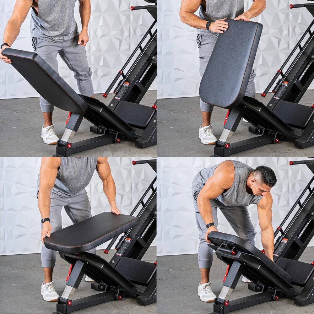 Athlete showing how to change machine to the hack sqiuat set up