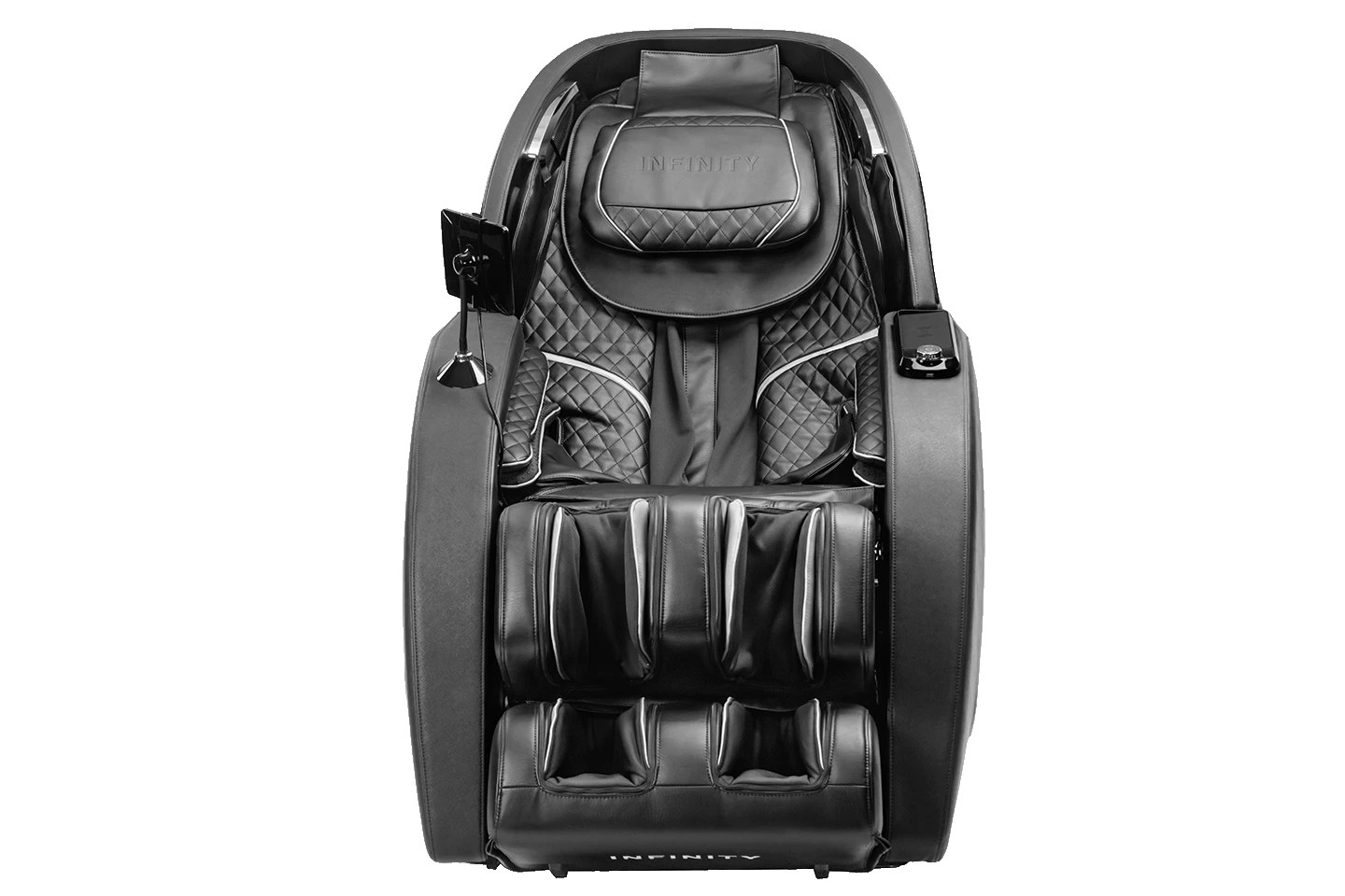 Massage chair shown from the front in upright position in color black