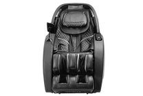Massage chair shown from the front in upright position in color black