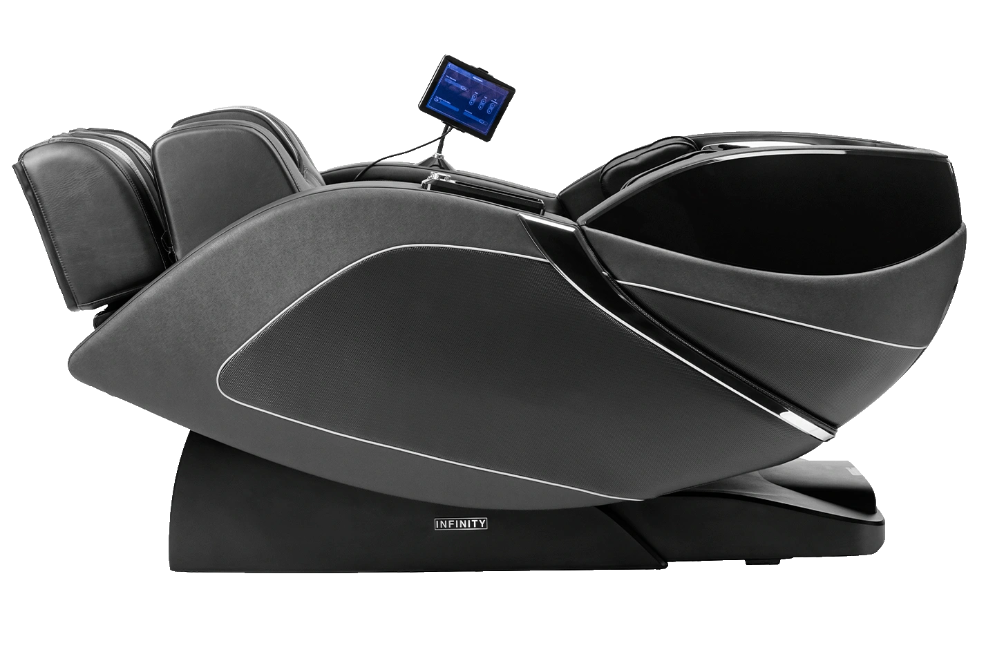 Massage chair shown in fully reclined position in color black
