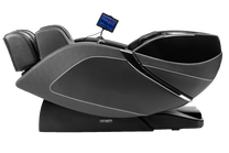 Massage chair shown in fully reclined position in color black