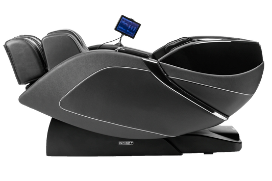 Massage chair shown in fully reclined position in color black