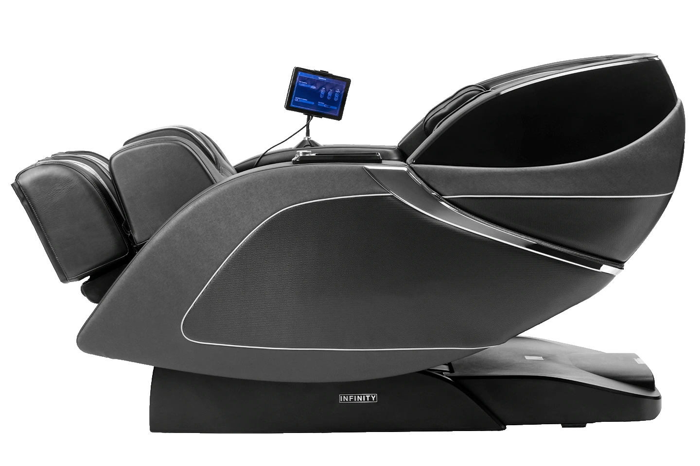 Massage chair shown in reclined position in color black