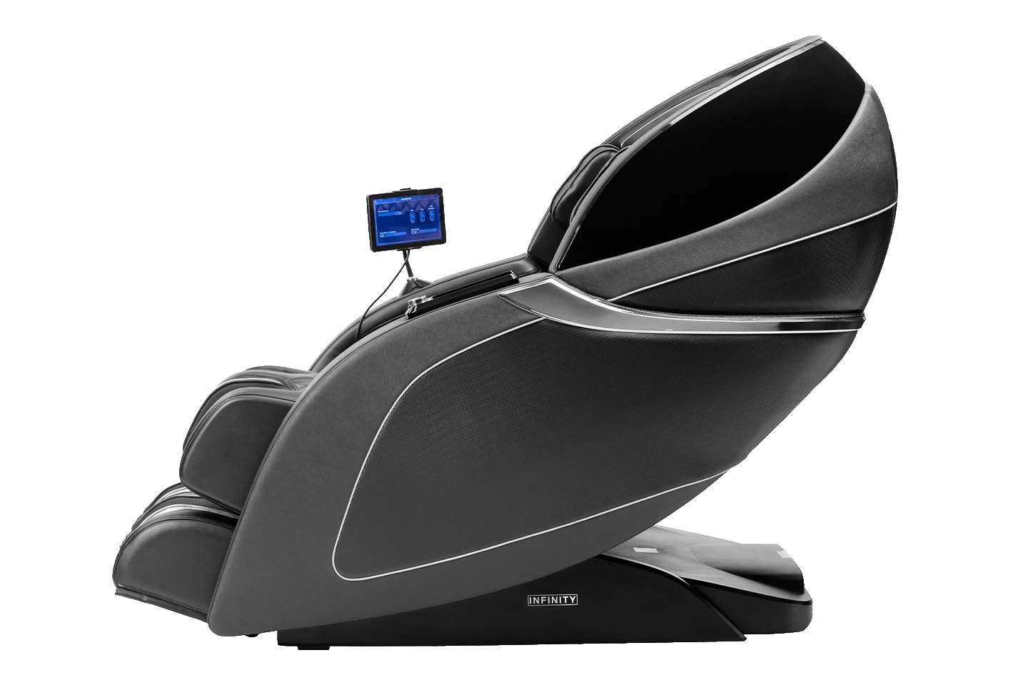 Massage chair shown from the side in color black