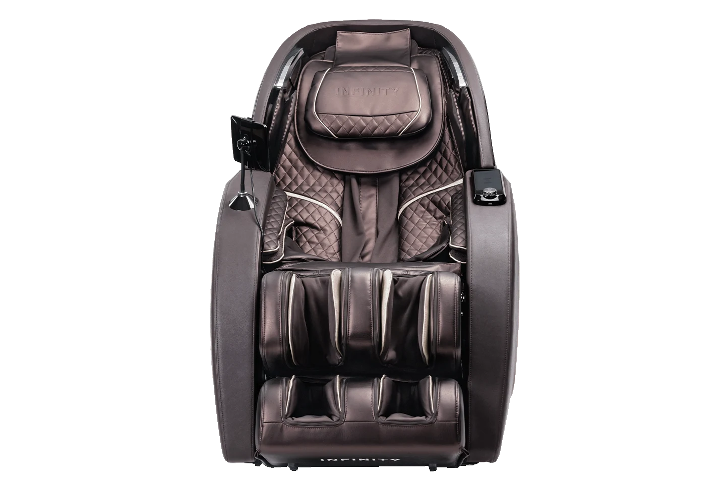 Massage chair shown from the front in upright position in color brown