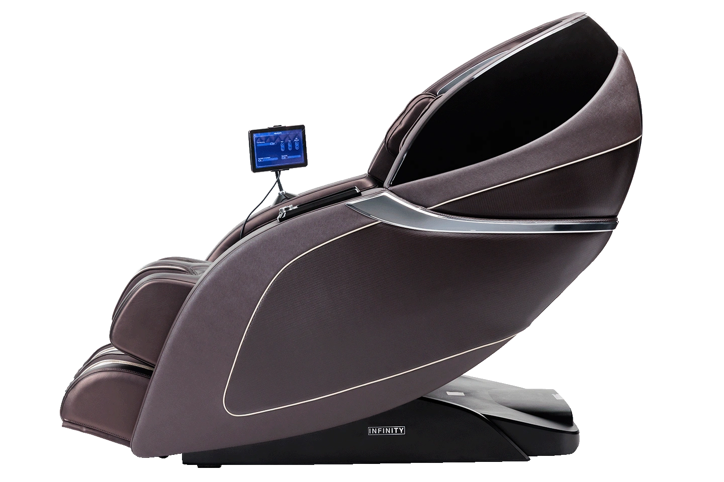 Massage chair shown from the side  in color brown