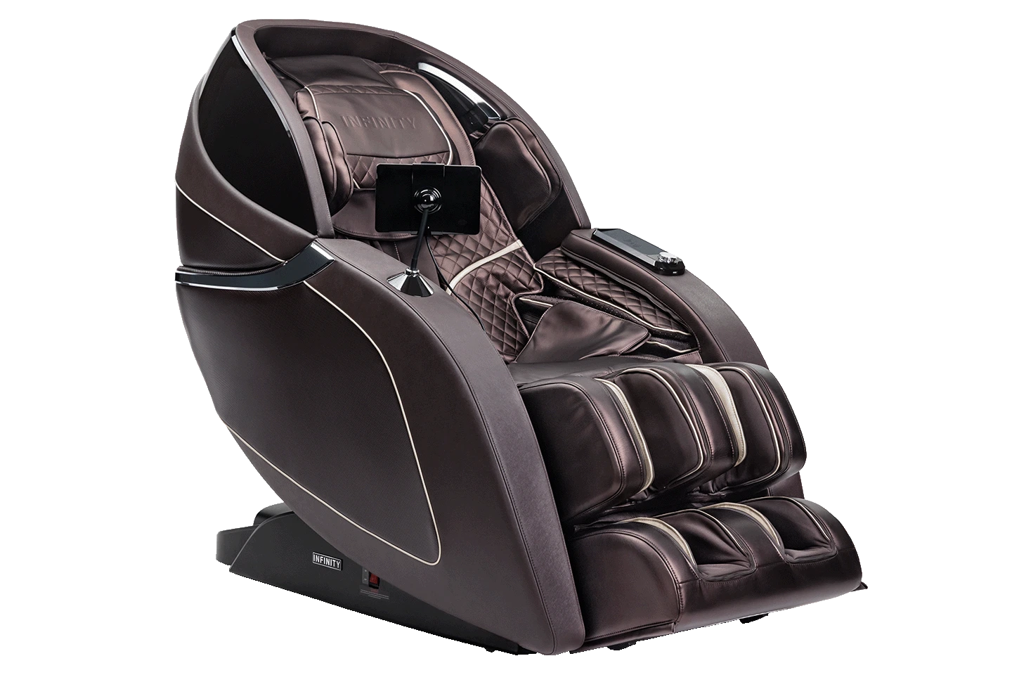 Massage chair shown in upright position in color brown