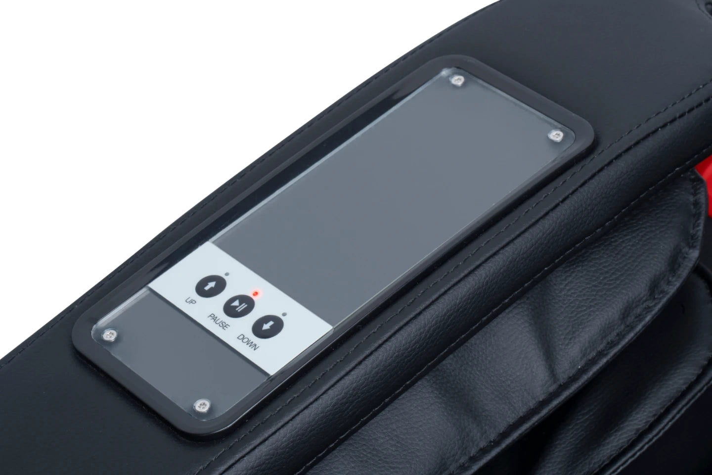Closeup view of the console that is located on the arm rest