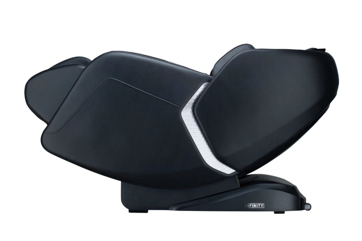 View of chair from the side in the reclined position on white background