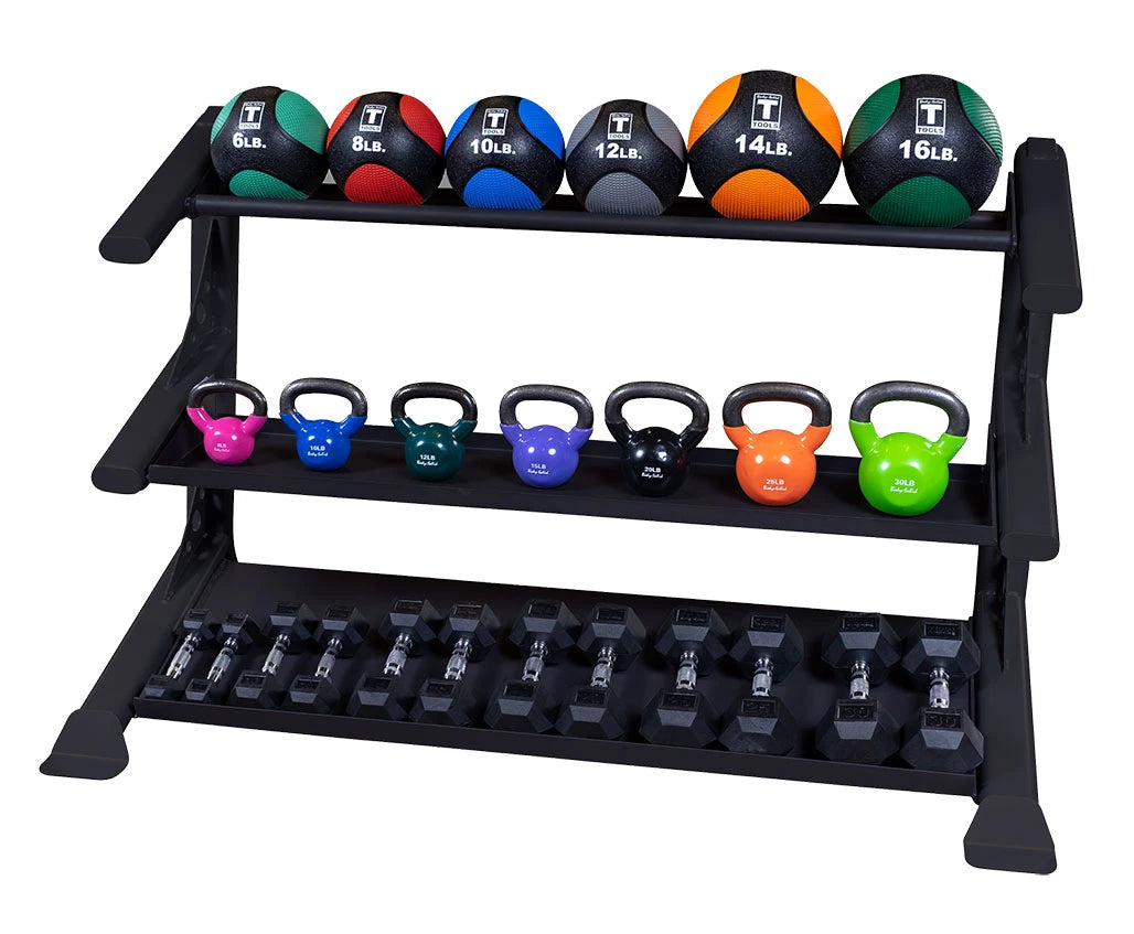 3 Tier rack with dumbbell, kettlebell, and ball storage trays