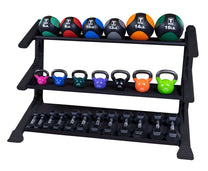 3 Tier rack with dumbbell, kettlebell, and ball storage trays