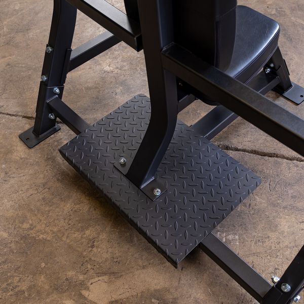 Olympic Shoulder Press Bench|Bench loaded with weights|In use|Safety crash bars|Seat back rest|Spotter Platform