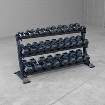 Rack loaded with rubber hex dumbbells