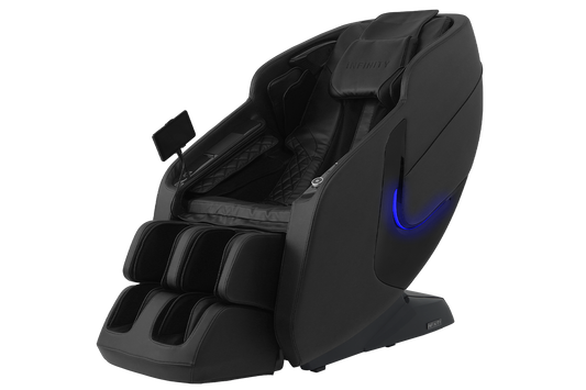 Massage chair in color black front left angle view 