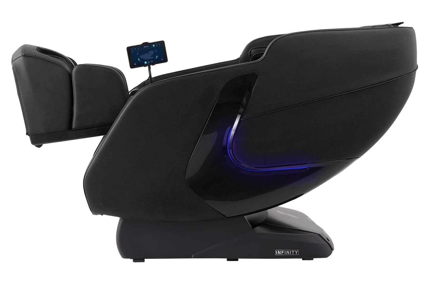 Massage chair in color black fully reclined position