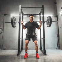 Flat Foot Power Rack Front|In use squat|In use resting|side view with spotter bars|Dip Bar Attachment|Spotter Arms