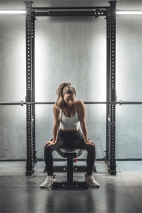Flat Foot Power Rack Front|In use squat|In use resting|side view with spotter bars|Dip Bar Attachment|Spotter Arms