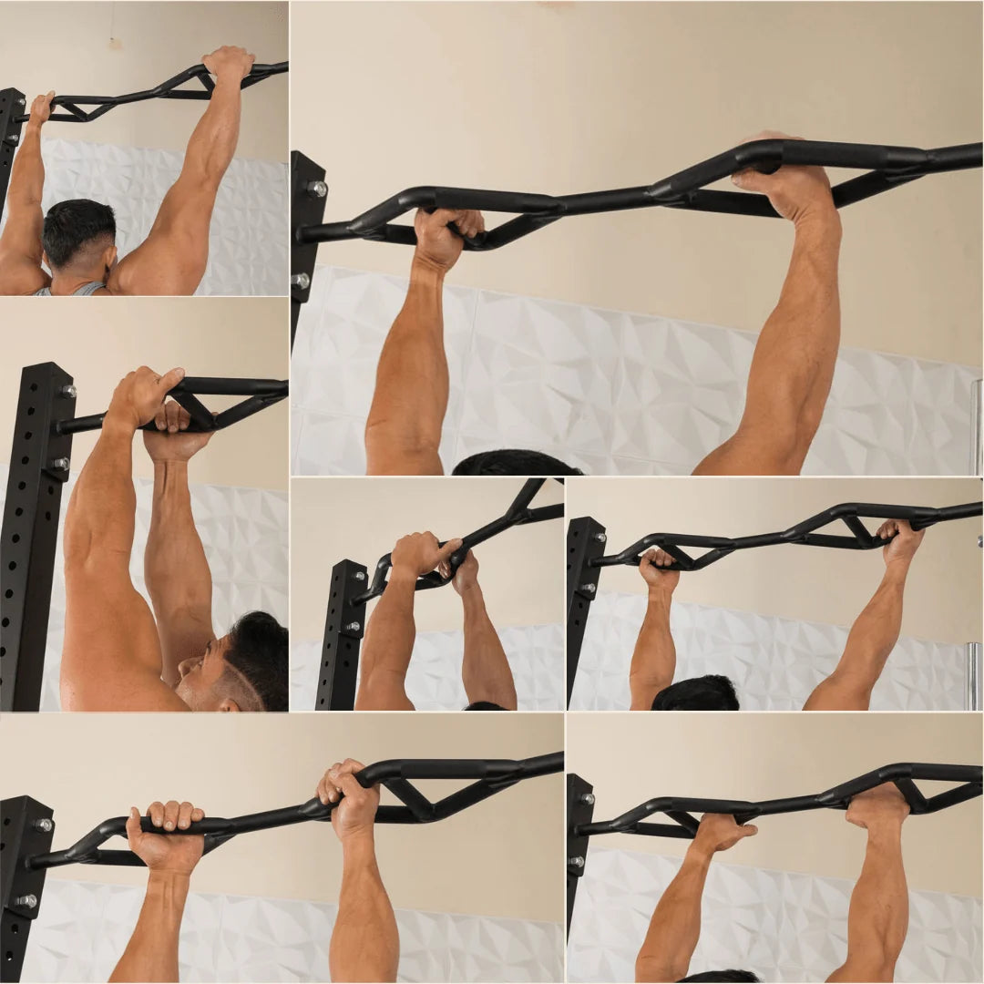 Images of mutli-grip chin/pull up bar shown with several hand grip options