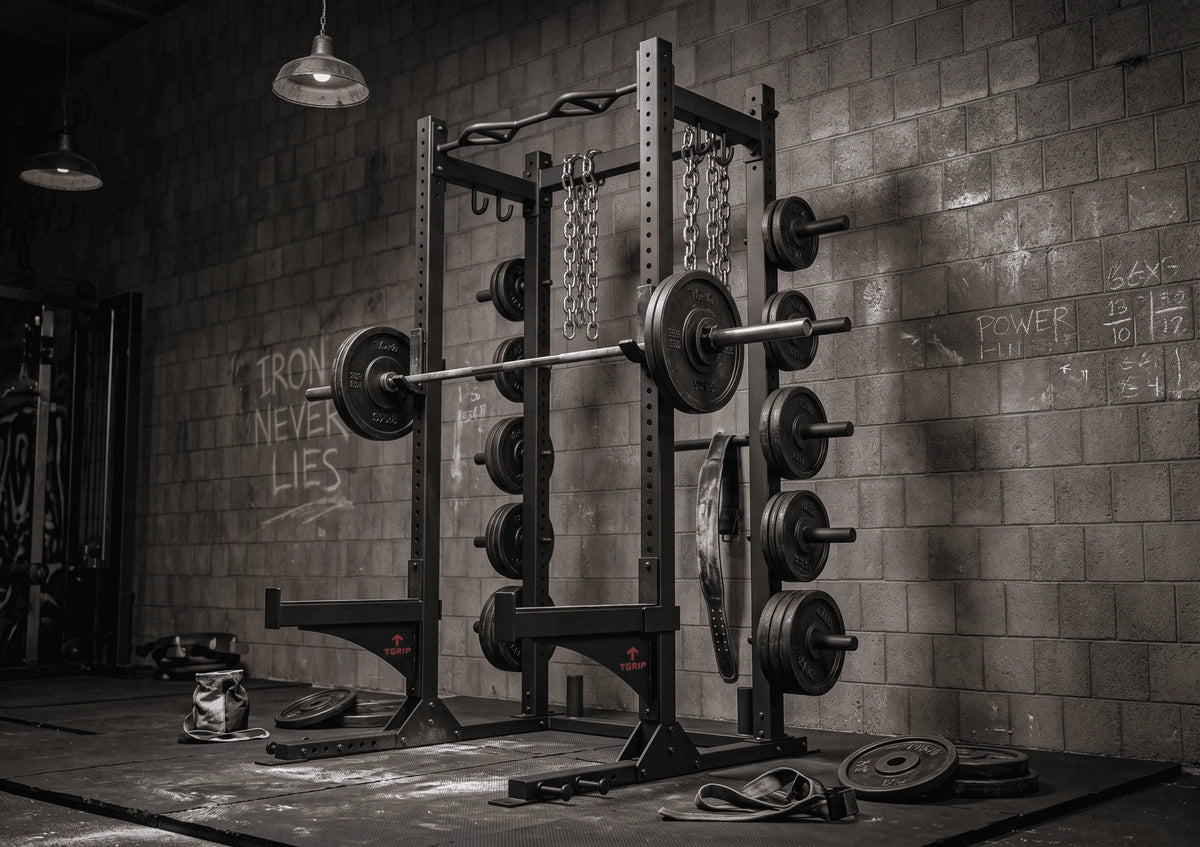 Half Rack shown in gym withg optional weight plates, bar, and chains