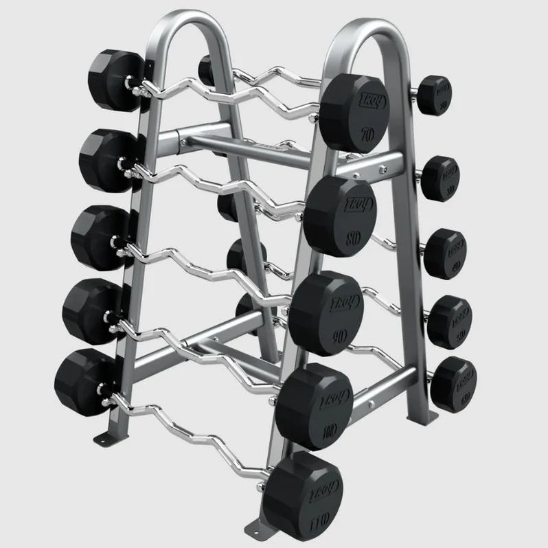 Rubber Headed EZ Curl Bar set shown on silver/grey storage rack