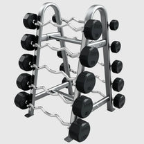 Rubber Headed EZ Curl Bar set shown on silver/grey storage rack