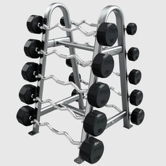 Rubber Headed EZ Curl Bar set shown on silver/grey storage rack
