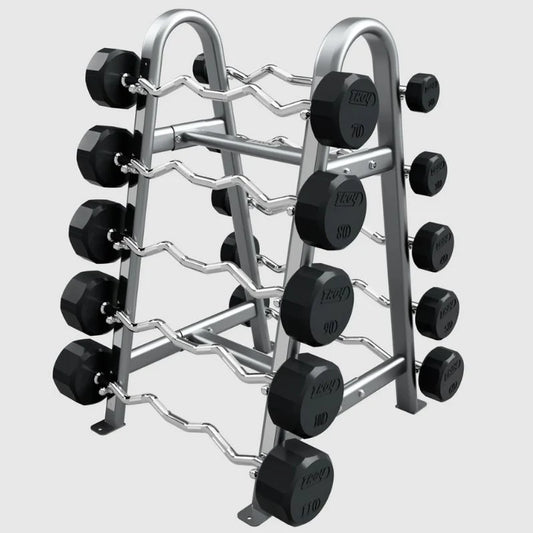 Rubber Headed EZ Curl Bar set shown on silver/grey storage rack
