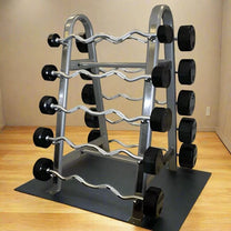 EZ Curl Bar Set with Rack in gym setting on rubber floor mat
