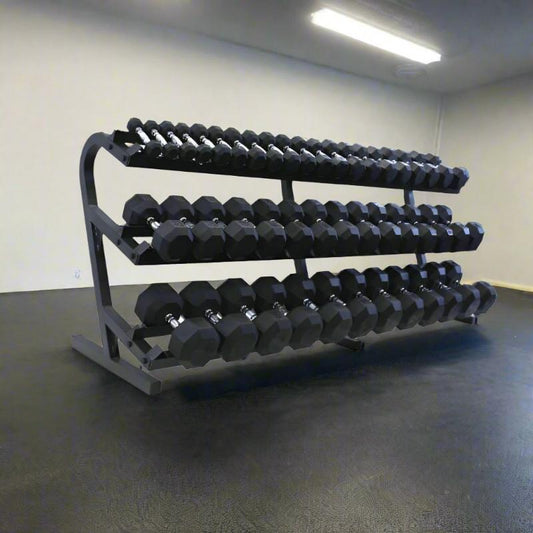 5-100lb dumbbell set with rack shown in gym setting