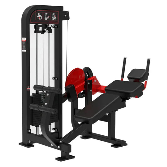 Ab crunch machine shown with black frame with red highlights and black upholstery 