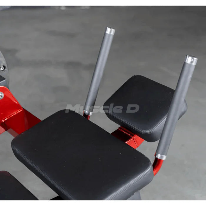 Close up of cushioned seat back with rubber grip handles